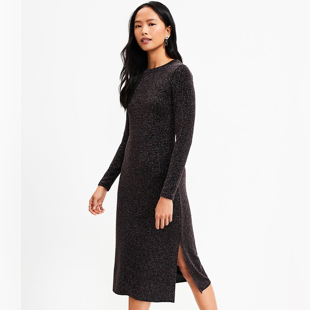 Loft Petites Shimmer Long Sleeve Midi Dress